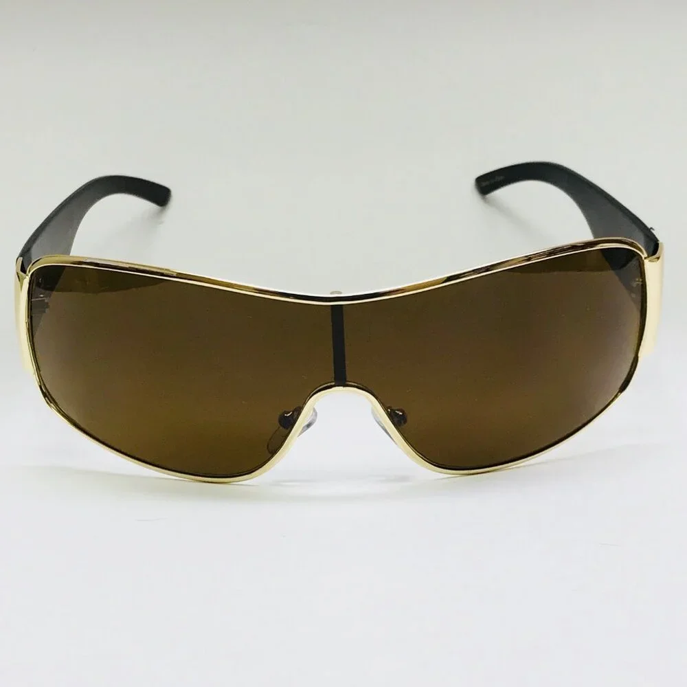 Men Fashion Sunglasses Single Metal Frame Gold Brown‎ Lens Shield Wrap Around